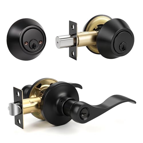 Knobonly 1 Set Entry Door Lever and Deadbolt Lock Set, Deadbolts Keyed Both Sides, All Keyed Same, Wave Style Front and Exterior Door Handleset with Double Cylinder, Matte Black Finish - color: Matte Black, size: 1 Pack, style: Double Cylinder