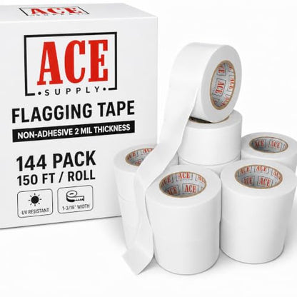 ACE Supply White Flagging Tape 144 Pack - Non-Adhesive Survey Tape - 1-3/16 Inch Width, 150 Ft Length, 2 Mil - Tree Marking Ribbon, Surveyors Ribbon - color: White, size: 144 Pack