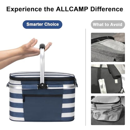 ALLCAMP Picnic Basket, 22L Insulated Cooler Foldable, Thick, Blue White - color: Blue White, size: Medium