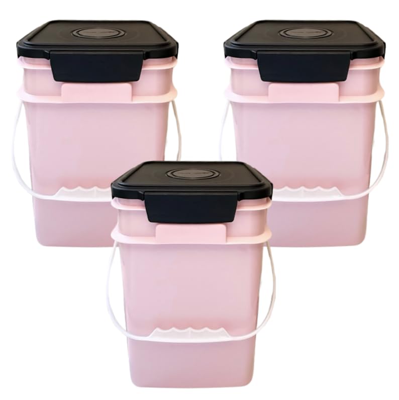 House Naturals 4 Gallon Square Food Grade Bucket Pail with Plastic Handles and Lid (Pack of 3) Made in USA containers (Pink - Black lids) - color: Pink - Black Lids