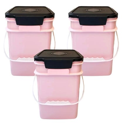 House Naturals 4 Gallon Square Food Grade Bucket Pail with Plastic Handles and Lid (Pack of 3) Made in USA containers (Pink - Black lids) - color: Pink - Black Lids