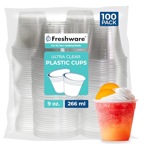 Freshware 9 oz Clear Disposable Plastic Cups, 100 Pack Clear Plastic Cups Tumblers, Heavy-duty Party Glasses, Disposable Cups for Thanksgiving, Halloween, Christmas Party - size: 9 oz. [100-PK]