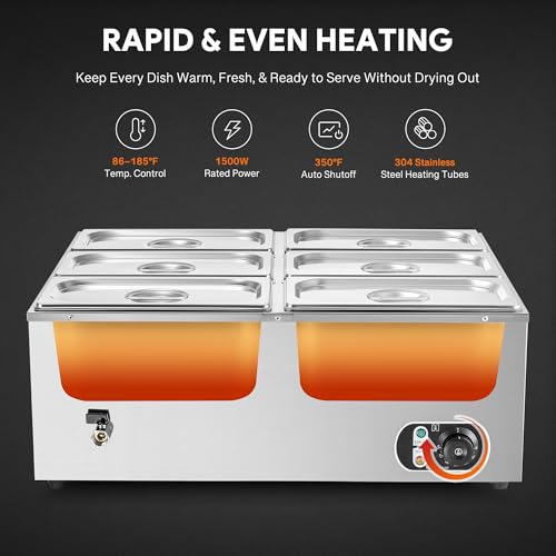 WILPREP Commercial Food Warmer with Six 1/3 Pans, 1500W Countertop Electric Warmer, 86-185°F Adjustable Temp Control & Over-Temp Protection, Stainless Steel Buffet Bain Marie - size: 1/3 pan*6