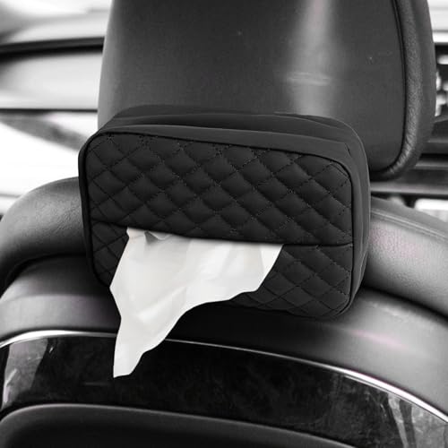 Large Car Tissue Holder for 120 Standard Tissue, Leather Tissue Box for Backseat, Car Napkin Cover, Auto Napkin Holder Organizer, Universal Vehicle Tissue Paper Box (Plaid+Black)