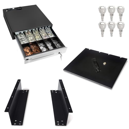 HK SYSTEMS 16""Stainless Steel" Front Heavy Duty Black POS Cash Drawer with 5Bill/5Coin with Under Counter Mounting Metal Bracket and Till Cover - size: 03.16" POS+Bracket+Till Cover