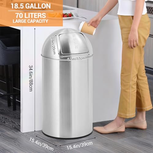 Heay Duty Stainless Steel Tall Trash Can with Push Lid – Commercial Outdoor Garbage Bin – Fingerprint-Proof, Removable Inner Metal Bucket – Ideal for Public Spaces – 18.5 Gallon (70L) – - size: Large