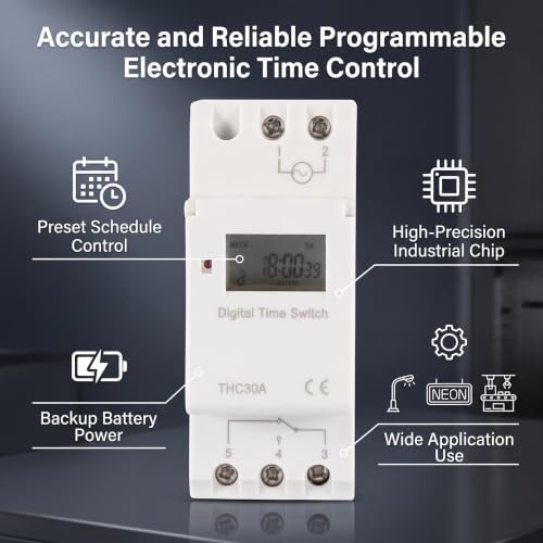 YWBL-WH DIN Rail Timer Switch, 30A LCD Programmable Multi-Voltage