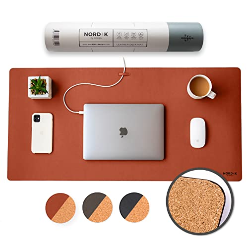 Nordik Leather Desk Mat - Cork Whiskey Brown - Leather Desk Pad 35x17 in - color: Cork Saddle Brown