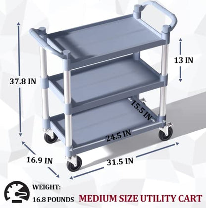 Plastic Utility Carts with Wheels, 3-Tier Medium Size Restaurant Food Cart, Heavy Duty 510lbs Capacity Rolling Service Cart w/Hammer for Commercial, Kitchen, Office (Lockable Wheels, M-Grey)