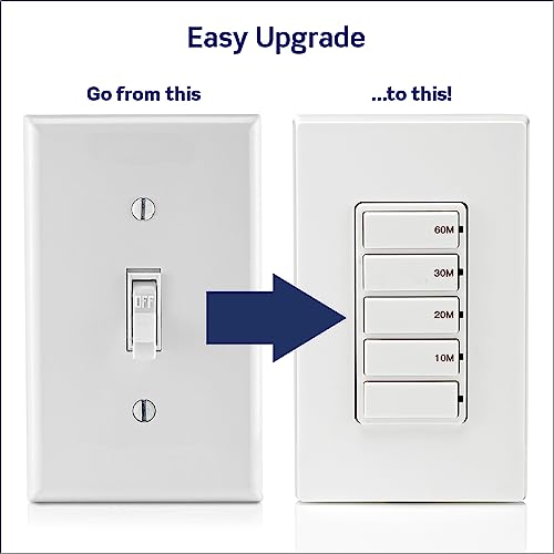 Leviton Countdown Timer Switch for bathroom fan and household lights, 10-20-30-60 min, No Neutral Required, Single Pole, 15A, 1/2HP/9.8A Fan/Motor, DT160-1LW, White - size: 15-Amp, style: 10-20-30-60 min, No Neutral Required