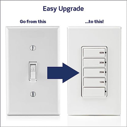 Leviton Countdown Timer Switch for bathroom fan and household lights, 10-20-30-60 min, No Neutral Required, Single Pole, 15A, 1/2HP/9.8A Fan/Motor, DT160-1LW, White - size: 15-Amp, style: 10-20-30-60 min, No Neutral Required