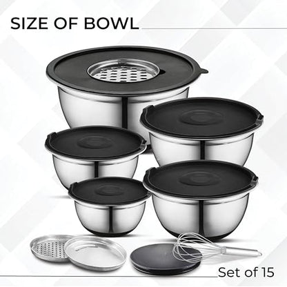 AVADOR Premium Brushed Stainless Steel Mixing Bowls Sets, Easy To Clean, Space Saving, Great for Cooking, Baking, Prepping Needs 0.25qt, 1qt, 1.5qt, 3qt, 5qt (9 pc Anti Slip with Lid and Graters) - size: 9 pc (0.25 qt, 1 qt, 1.5 qt, 3 qt, 5 qt)
