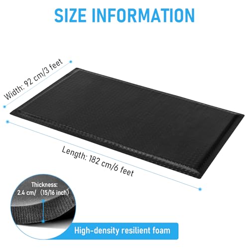 3 x 6 FT Anti Fatigue Mats Industrial 15/16 Inch Thick Soft Sponge Ergonomic Mat Durable Heavy Duty Diamond Plate for Standing Non Slip Industrial Grade Floor Mat for Leg & Back Pain (Black) - size: 72"L x 36.2"W x 0.9"Th