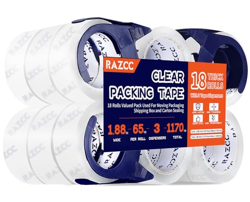 RAZCC Packing Tape, 18 Rolls Clear Heavy Duty Packaging Tape with Dispensers for Packing, Shipping, Moving and Mailing, Thicker Sealing Tape-1.88" x 65 Yards Per Roll, 1170 Total Yards - size: 1.88"-18 Rolls