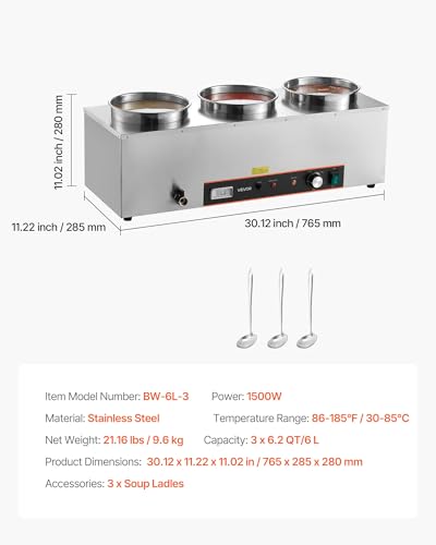 VEVOR Electric Soup Warmer, Three 6.34QT Stainless Steel Round Pot with 86~185°F Adjustable Temp, 1500W Commercial Bain Marie with Anti-Dry Burn and Reset Button, Soup Station for Restaurant, Buffet - size: 3×6L Pots