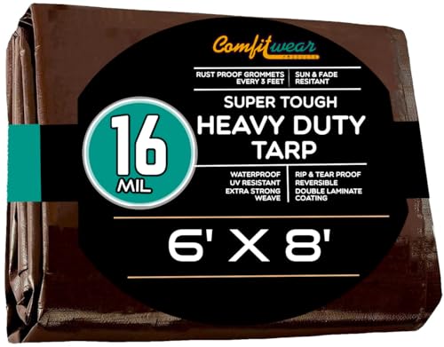 16 MIL Heavy Duty Tarp - Multi-Purpose Extra Heavy Duty Tarps - Car, Boat, Camping & General Purpose Waterproof Tarp Cover (6' X 8', Brown) - size: 6' X 8'