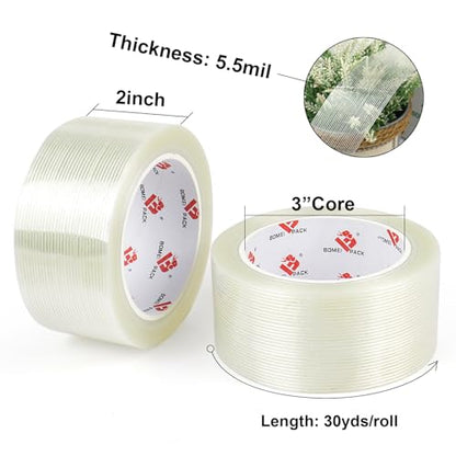 BOMEI PACK Strapping Tape with Dispenser,6 Packs Mono Filament Tape 2 Inch x 30 Yards,Reinforced Fiberglass Packing Tape,Heavy Duty Transparent Strapping Tape for Shipping