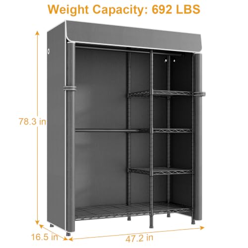 ULIFHOME F2C Covered Garment Rack 47.2" W x 16.5" D x 78.3" H, Load 692lbs - color: Black Closet with Dark Gray Cover