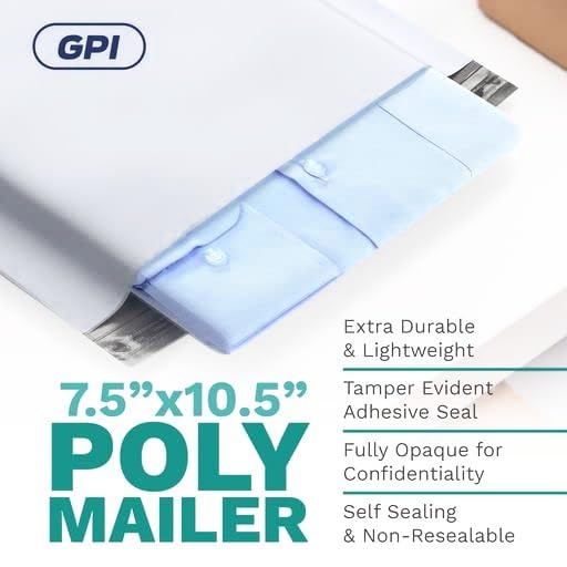 7.5"x10.5" Poly Mailers, 500 Pack, 2.5 Mil, White Self Seal Waterproof, GPI - size: 7.5" x 10.5"