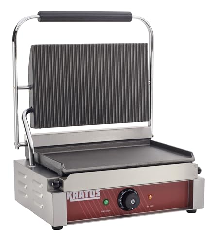 Kratos Commercial Panini Sandwich Grill Grooved Top w/Smooth Bottom Plate - size: Medium w/ Smooth & Grooved Plates