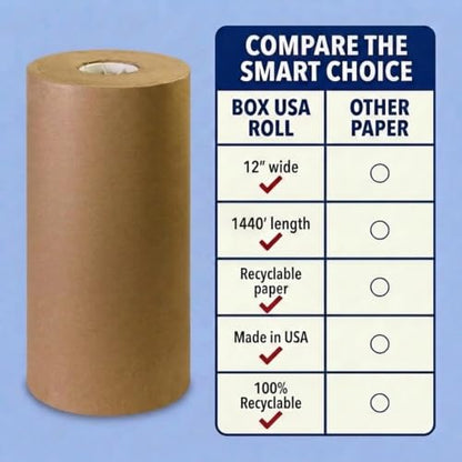 BOX USA Kraft Paper Roll 12 x 17280" (1440'), 30# Recycled for Packing - size: 12" x 1440'