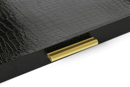 HofferRuffer Extra Large Square Serving Tray, Elegant Faux Leather Ottoman Tray with Gold Hardware Handles, Serve Tea, Coffee or Breakfast in Bed, 24 x 24 inches (Black Croco) - color: Black Croco, size: 24" x 24" x 2"