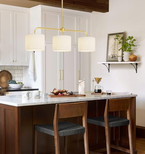 Electro bp 3-Light White Linen Drum Shade Chandelier with Polished Gold Metal Linear Pendant Light Fixture for Kitchen Island, Dining Table, E26, 180W - color: Gold 3-Light Linear
