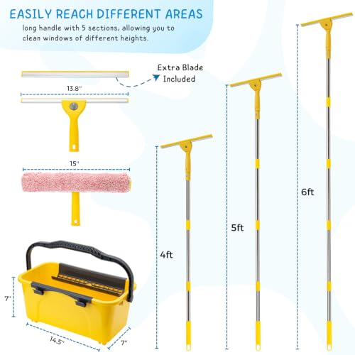 Professional Window Cleaning Kit with 3 Gallon Bucket, 6 Ft Long Handle Glasses Cleaner Squeegee with Spray Bottle and Scrubber for Home and Commercial Use, Car Windshield Washing Tool, Yellow - color: Yellow