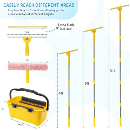 Professional Window Cleaning Kit with 3 Gallon Bucket, 6 Ft Long Handle Glasses Cleaner Squeegee with Spray Bottle and Scrubber for Home and Commercial Use, Car Windshield Washing Tool, Yellow - color: Yellow