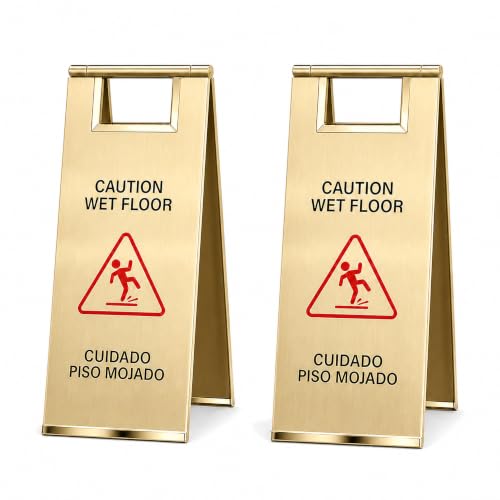 2 Pcs 24 Inch Stainless Steel Wet Floor Caution Sign Gold Bilingual - color: Gold
