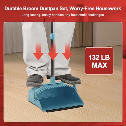 Tiumso Upgrade Broom and Dustpan Set, Broom with Dustpan Combo Sets, Large Brooms and Dust Pan with Handle, Self-Cleaning Dust Pans, Heavy Duty Broom and Dustpans Set for Lobby Kitchen Office - Green - color: Green