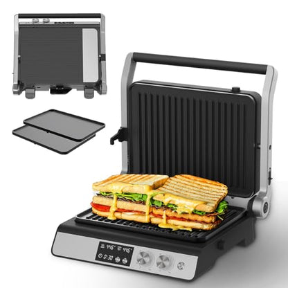 Panini Press,4 Slices Contact Grill with Removable Non-Stick Coated Grill and Flat Plates,Panini Makers with Temperature Control and Timer,Open 180 Degrees,Grill and Griddle (Half black with digital) - color: Half black with digital