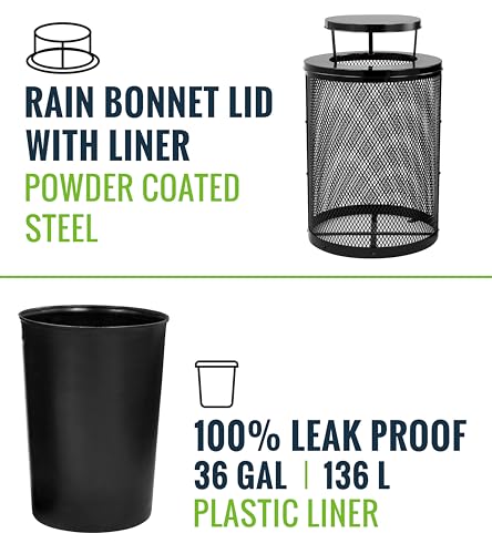 Alpine Outdoor Trash Can 36 Gallon Diamond Steel Commercial Metal Waste Bin with Leak Proof Liner, Heavy Duty Steel Mesh Design, Rain Bonnet Lid & Flat Lid for Parks, Streets, and Public Spaces-Black - style: Rain Bonnet Lid & Flat Lid