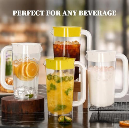 CURTA 4 Pack 2L/68 oz Plastic Pitcher with Lid & Handle, Large Capacity Water Jug with Measurement Marks, Clear Fridge Pitcher for Iced Tea, Juice, Lemonade & Cold Beverages - color: White-yellow-4pack