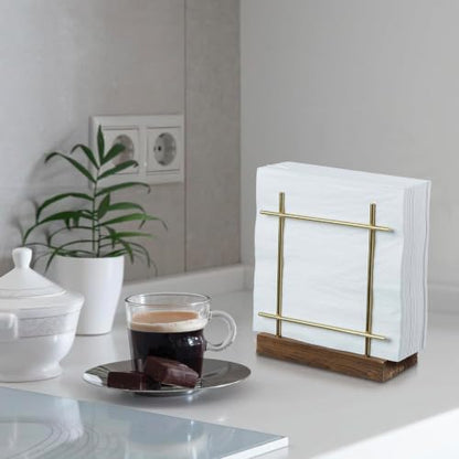 MyGift Upright Napkin Holder, Brass-Tone Metal with Burnt Brown Wood Base - color: Brass / Brown