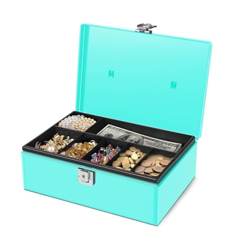 Flexzion Cash Box with Money Tray, Latch Lock, 11 x 7.7 x 3.5 Inch, Blue - color: Blue