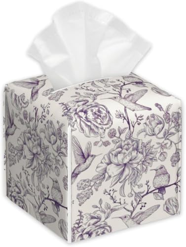 Vintage Flowers Tissue Box Cover,Birds PU Leather Tissue Box Holder Square,Modern Home Decoration for Bathroom Living Room Kitchen Office Car,5.2"×5.2"×5.2" - color: Vintage White Purple Flowers