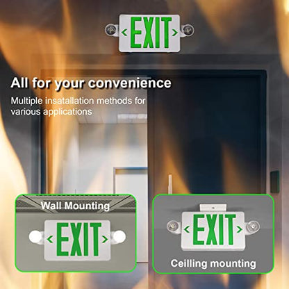 GZRUIYANG Exit Sign With Emergency Lights Green, LED Exit Light With Battery Backup, UL 924 Certified, AC 120/277V, Commercial Lights Combo for Business - 4 Pack - color: White Housing Green Letter, size: 4 Pack