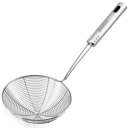 Anaeat 5.3" Stainless Steel Spider Skimmer, Professional Kitchen Pasta Strainer Spoon with Long Handle - Asian Strainer Ladle Wire Skimmer Spoons for Cooking and Frying - color: 5.3" Spider Strainer Skimmer
