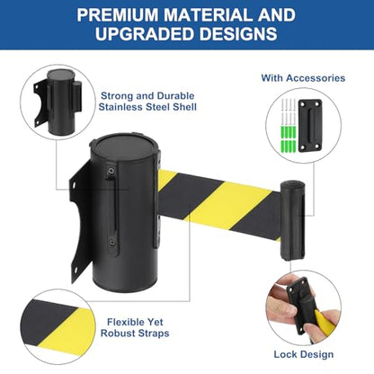 MECCANIXITY Wall Mount Retractable Belt Barrier 9.84ft Crowd Control Belts - color: Black Yellow Stripe, size: 9.84 ft