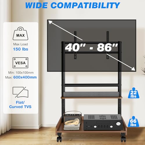 Rfiver Heavy Duty Rolling TV Stand with Wheels for Most 40-86 Inch TVs up to 150lbs, Height Adjustable Mobile TV Stand with Shelf, Floor TV Stand for Living Room, TV Cart Max VESA 600x400mm (Brown) - color: Brown