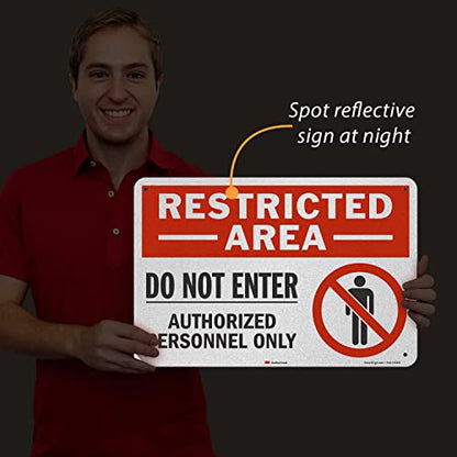 SmartSign 12" x 18" 'Restricted Area Do Not Enter, Authorized Personnel Only' Metal Sign with Symbol, 63 mil Aluminum, 3M Laminated Engineer Grade Reflective, Red, White and Black, USA-Made - style: 12" x 18" - EG Reflective