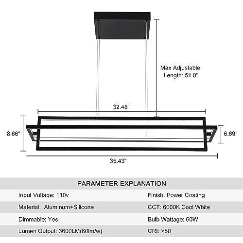 Modern LED Linear Rectangle Chandelier, Black, 35.4"