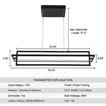 Modern LED Linear Rectangle Chandelier, Black, 35.4"