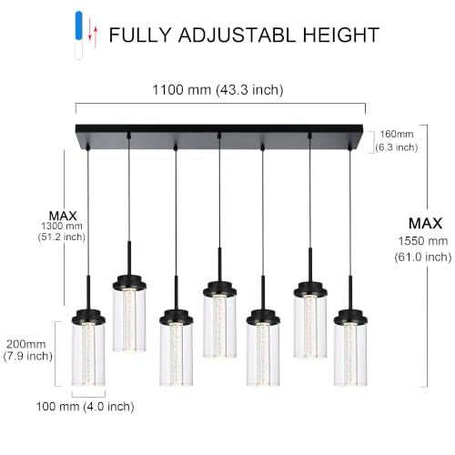 MELUCEE 7-Light 43.3in Linear Kitchen Island Lighting Fixture 3000K-6000K - color: Black, size: 7-Light-Rectangle