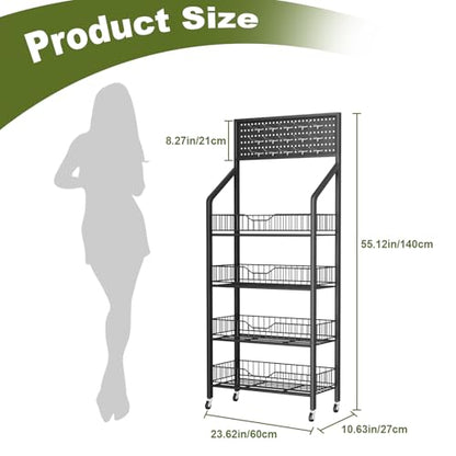 4 Tier Retail Display Racks, Freestanding Snack Rack Display Stand with 15 Hooks & 4 Wheels, Metal Snack Shelf Organizer for Supermarket Retail Store Commercial Kitchen Office, Black - size: 4Tier/10.63"D X 23.62"W X 55.12"H