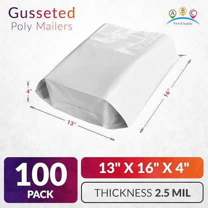 ABC PACK & SUPPLY Gusseted Poly Mailers, 13 x 16 x 4 Inch, 2.5 Mil White Shipping Bags for Clothing, Self Seal Plastic Mailing Envelopes, Pack of 100 - size: 13" x 16" x 4" / 100 Pack
