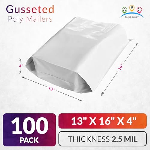 ABC PACK & SUPPLY Gusseted Poly Mailers, 13 x 16 x 4 Inch, 2.5 Mil White Shipping Bags for Clothing, Self Seal Plastic Mailing Envelopes, Pack of 100 - size: 13" x 16" x 4" / 100 Pack