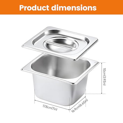 KUK 6 Packs Stainless Steel Hotel Pans with Lids 1/4 Size x 6" Deep Steam Table Commercial Food Storage Containers Stackable Metal Steamer Anti-Jam Restaurant Warm Pans