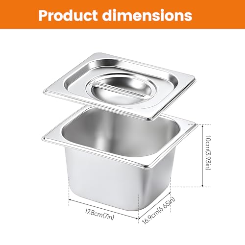 KUK 6 Packs Stainless Steel Hotel Pans with Lids 1/4 Size x 6" Deep Steam Table Commercial Food Storage Containers Stackable Metal Steamer Anti-Jam Restaurant Warm Pans
